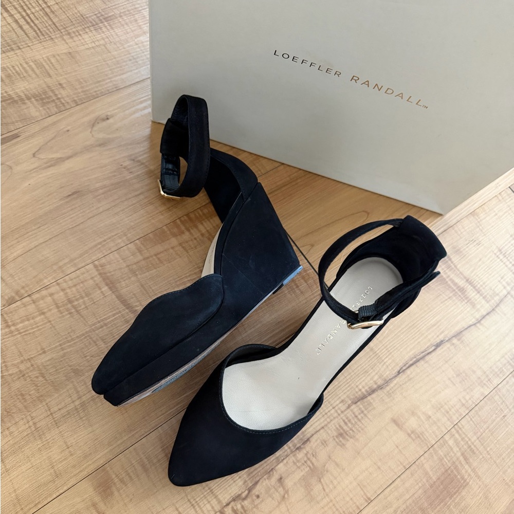 Loeffler Randall Jules Black Suede Ankle Strap Wedge Pumps - Women